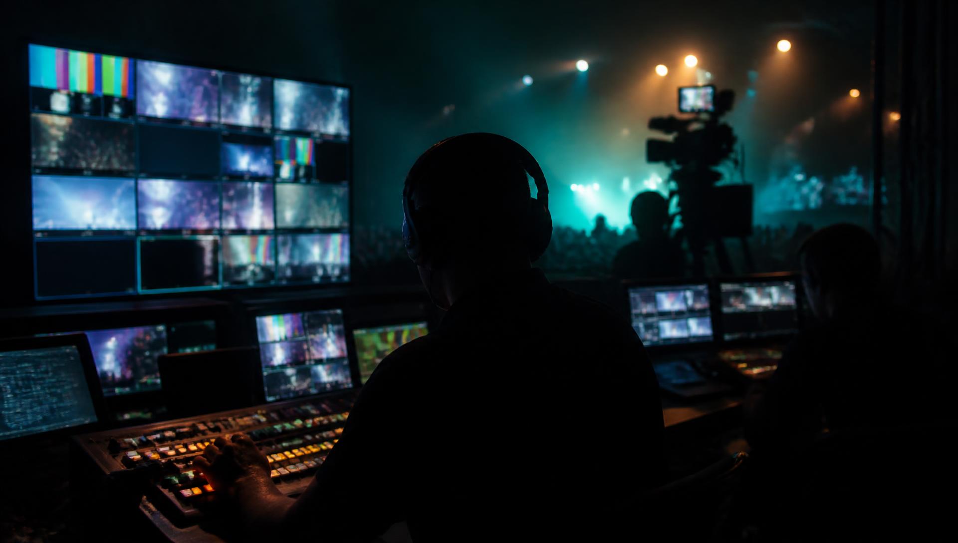Broadcast crew operating a multi-camera live production switcher at an event